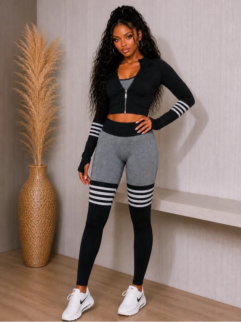 Women's Two-Tone High-Waist Athletic Leggings — Black & Gray